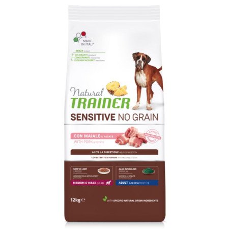 Natural Trainer ADULT DOG SENSITIVE NO GRAIN M/M su kiauliena 12kg