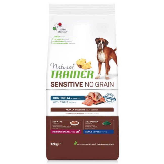 Natural Trainer ADULT DOG SENSITIVE NO GRAIN M/M su upėtakiu 12kg